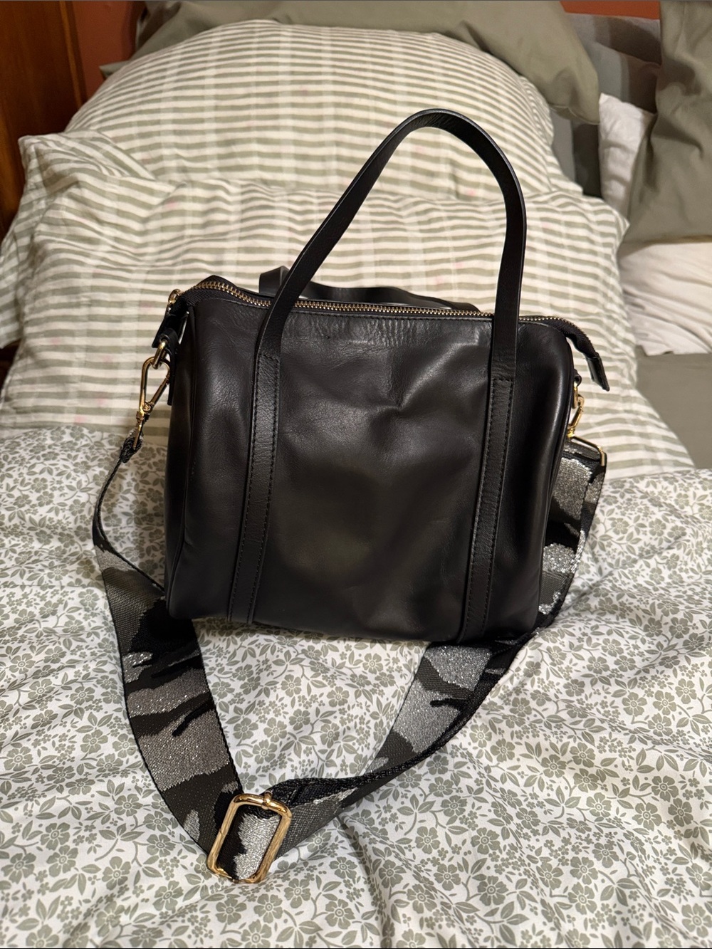 Black Leather Tote with Patterned Adjustable Strap